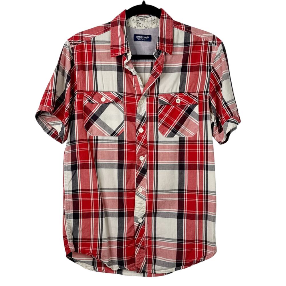Zara Kids‎ Plaid Button Up Shirt Big Boys Small Red Black White Cotton